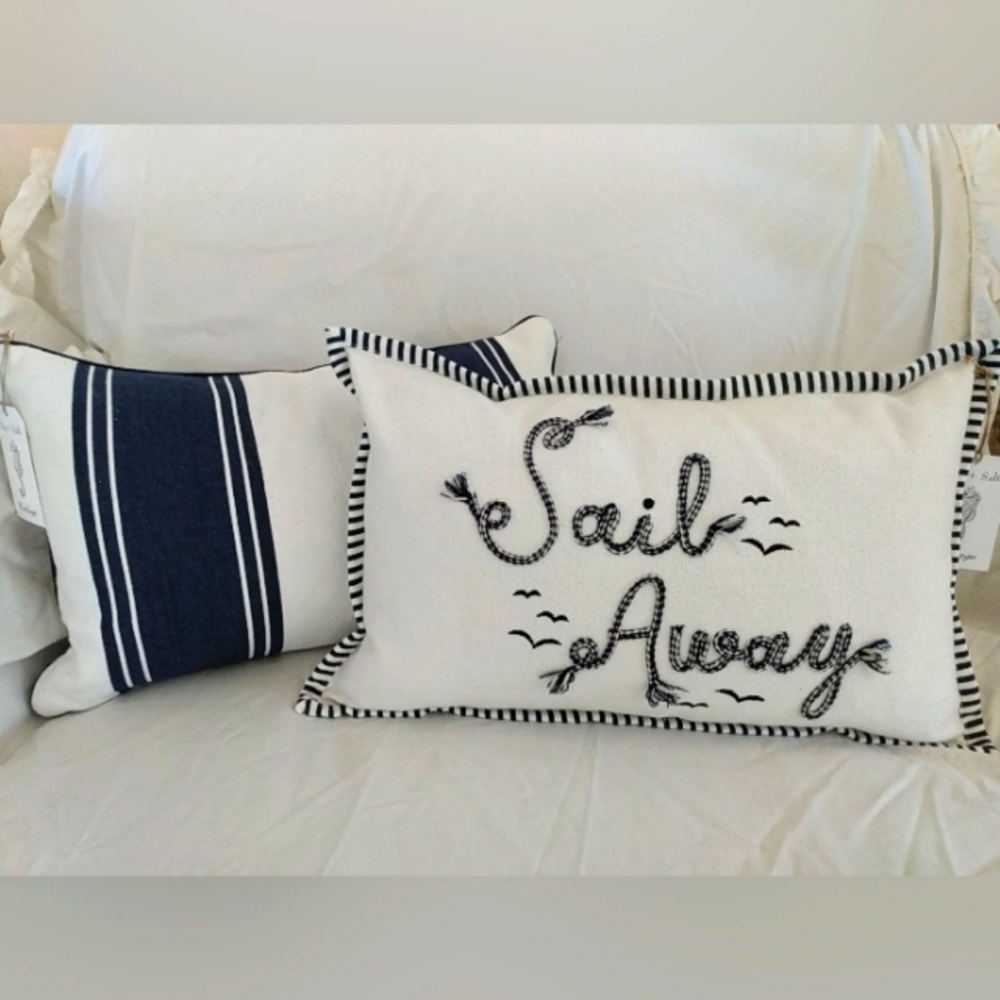 NEW Coastal Pillow Feather Navy Blue White Stripe Sail Preppy Boat Nautical